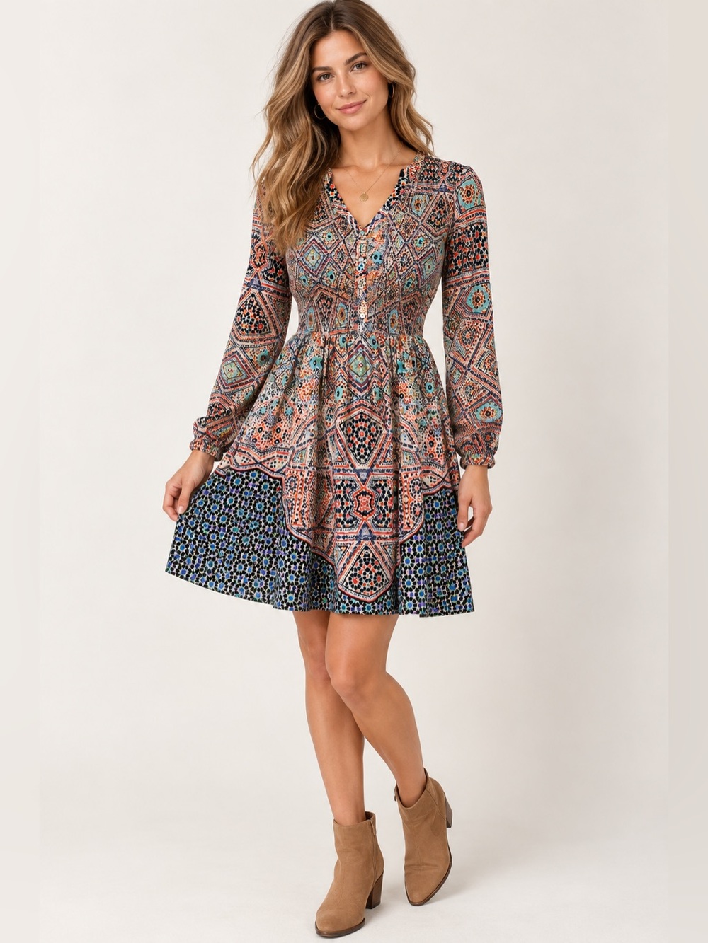Maeve Anthropologie Bohemian Tiled Amethyst Long Sleeve Mini Dress - Pink/Green